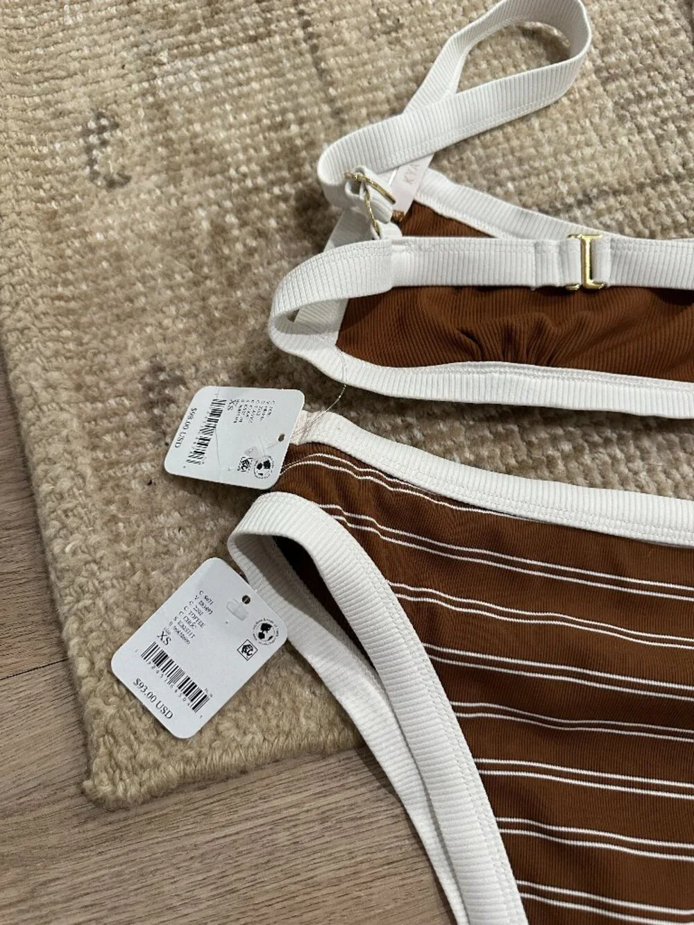 KYA SWIM Marlow Stripe Bikini Top Josie Bikini Bottom in Toffee Size X-Small NWT
